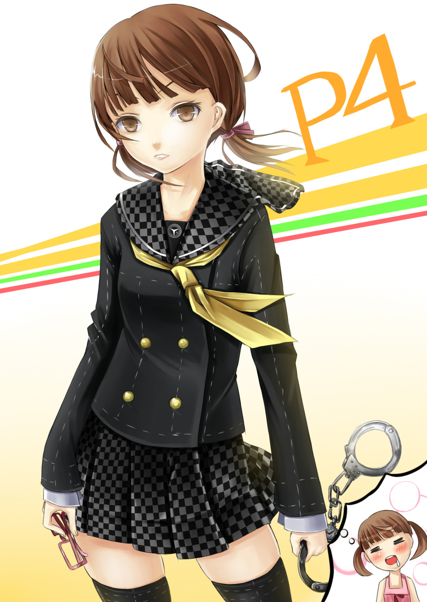 absurdres adult ascot blush brown_eyes brown_hair closed_eyes cuffs doujima_nanako dual_persona eyes_closed glasses glasses_removed handcuffs highres imagining open_mouth persona persona_4 pleated_skirt reio_(reio_reio) reio_reio saliva school_uniform short_twintails skirt solo teenage thighhighs twintails zettai_ryouiki