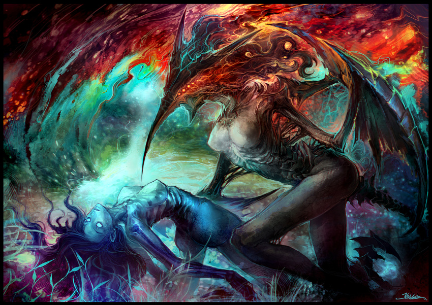 2girls blue_skin breasts colorful glow glowing_eyes highres horns long_hair monster monster_girl multiple_eyes multiple_girls no_pupils nude original signature tail windowboxed wings x-ray yamachichi youkai