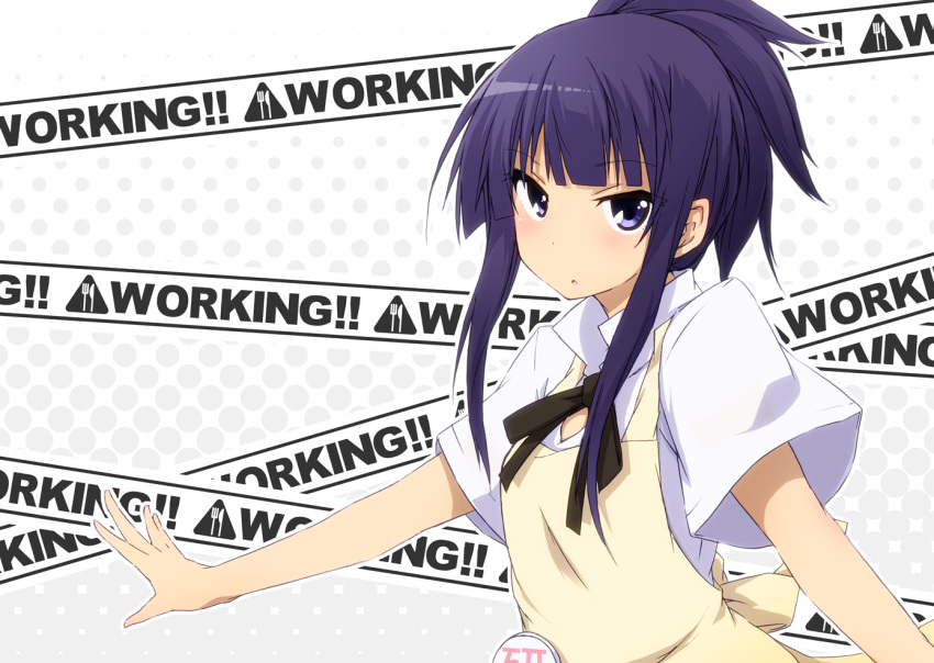 :o alternate_hairstyle apron badge caution_tape long_hair looking_at_viewer open_mouth outstretched_arms paprika_(artist) ponytail purple_eyes purple_hair short_sleeves solo tsurime violet_eyes waitress working!! yamada_aoi