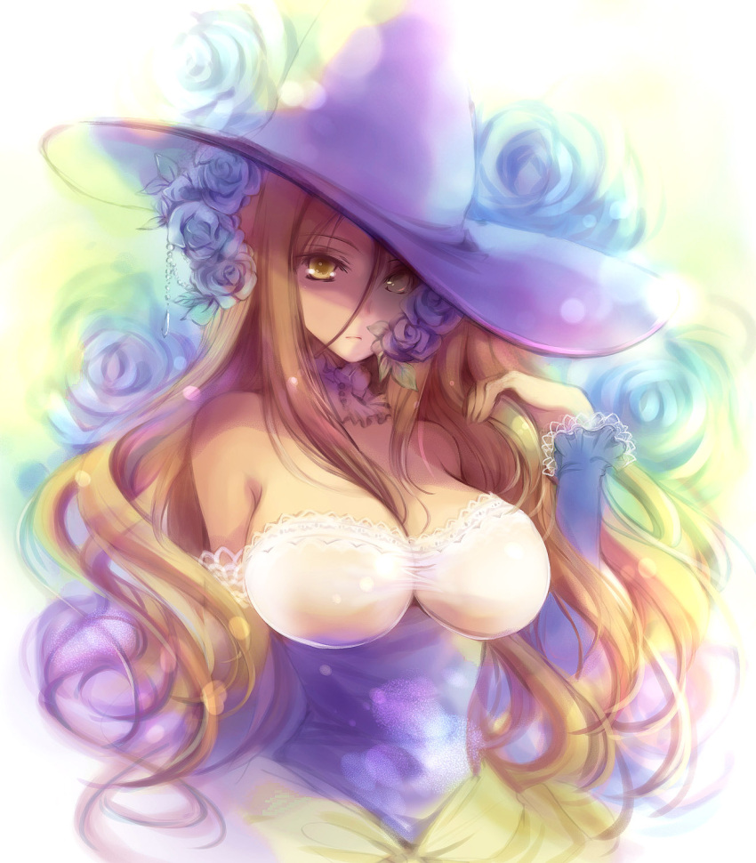 bare_shoulders brown_hair cleavage curvy detached_sleeves dragon's_crown dress flower gondolf hat highres huge_breasts large_breasts long_hair rose solo sorceress sorceress_(dragon's_crown) strapless_dress upper_body vanillaware witch witch_hat yellow_eyes