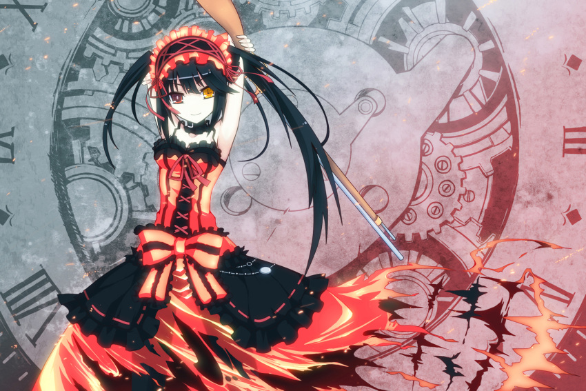 1girl arms_up bare_shoulders clock date_a_live dress gun hairband heterochromia highres long_hair looking_at_viewer red_eyes rifle solo tokisaki_kurumi torn_clothes twintails uiu weapon yellow_eyes
