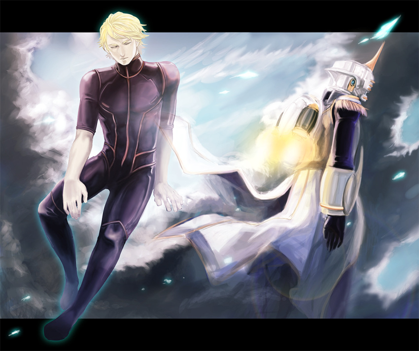 blonde_hair blue_eyes cape dual_persona epaulettes glowing helmet iduhara keith_goodman letterboxed male power_suit short_hair sky_high superhero tiger_&amp;_bunny