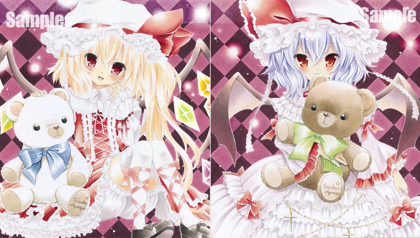 adapted_costume argyle argyle_background ayuayu bat_wings biting blonde_hair bloomers bow cross dress embellished_costume flandre_scarlet frilled_dress frilled_sleeves frills gathers gown hat hat_bow light_particles marker_(medium) multiple_girls orange_eyes purple_hair red_eyes remilia_scarlet sample short_hair siblings side_ponytail signature sisters sleeves_past_wrists stuffed_animal stuffed_toy teddy_bear touhou traditional_media white_legwear wings
