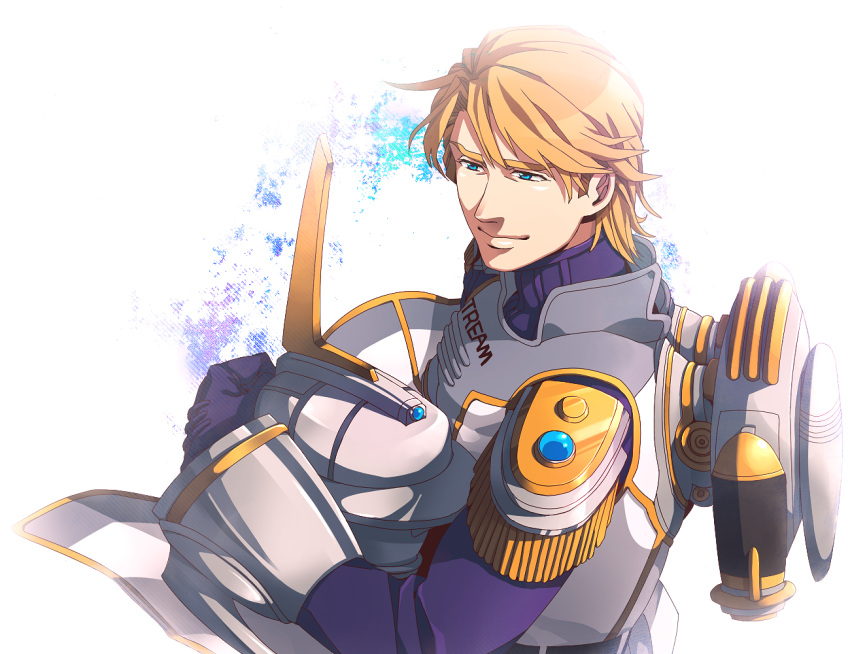 blonde_hair blue_eyes epaulettes headwear_removed helmet helmet_off helmet_removed jetpack keith_goodman male power_suit short_hair sky_high solo superhero tiger_&amp;_bunny zihad