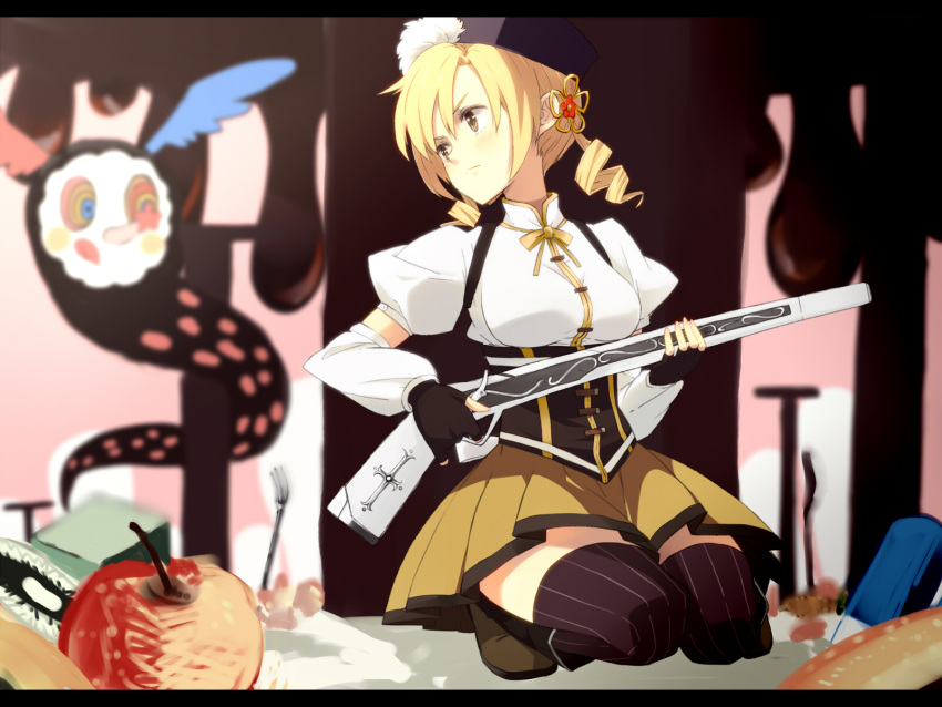 against_wall apple beret blonde_hair blurry boots breasts brown_legwear charlotte_(madoka_magica) chocolate corset depth_of_field detached_sleeves drill_hair fingerless_gloves food fork fruit gloves gun hair_ornament hairpin hat highres letterboxed magical_girl magical_musket mahou_shoujo_madoka_magica n_i_n_o pleated_skirt puffy_sleeves ribbon rifle skirt solo squatting taut_shirt thigh-highs thighhighs tomoe_mami twin_drills vertical-striped_legwear vertical_stripes weapon witch's_labyrinth witch's_labyrinth yellow_eyes zettai_ryouiki