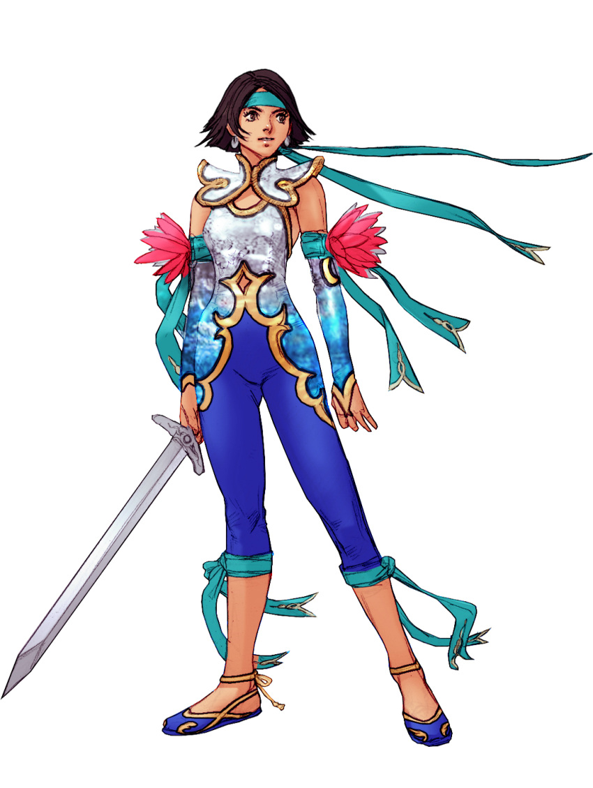 1girl bridal_gauntlets brown_eyes concept_art earrings female flats full_body headband highres holding holding_sword holding_weapon jewelry looking_away multicolored multicolored_clothes namco no_socks official_art parted_lips sandals shoes short_hair simple_background sleeveless solo soul_calibur soul_calibur_iii soul_calibur_v soulcalibur soulcalibur_iii standing sword weapon white_background xianghua