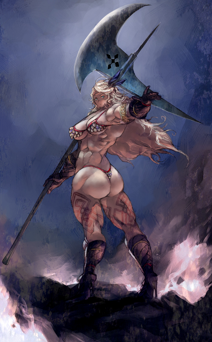 amazon_(dragon's_crown) amazon_(dragon's_crown) armlet armor ass axe bikini_armor blue_eyes boots breasts circlet dragon's_crown dragon's_crown feathers gloves highres homex large_breasts long_hair muscle muscular_female solo tattoo thong vanillaware weapon