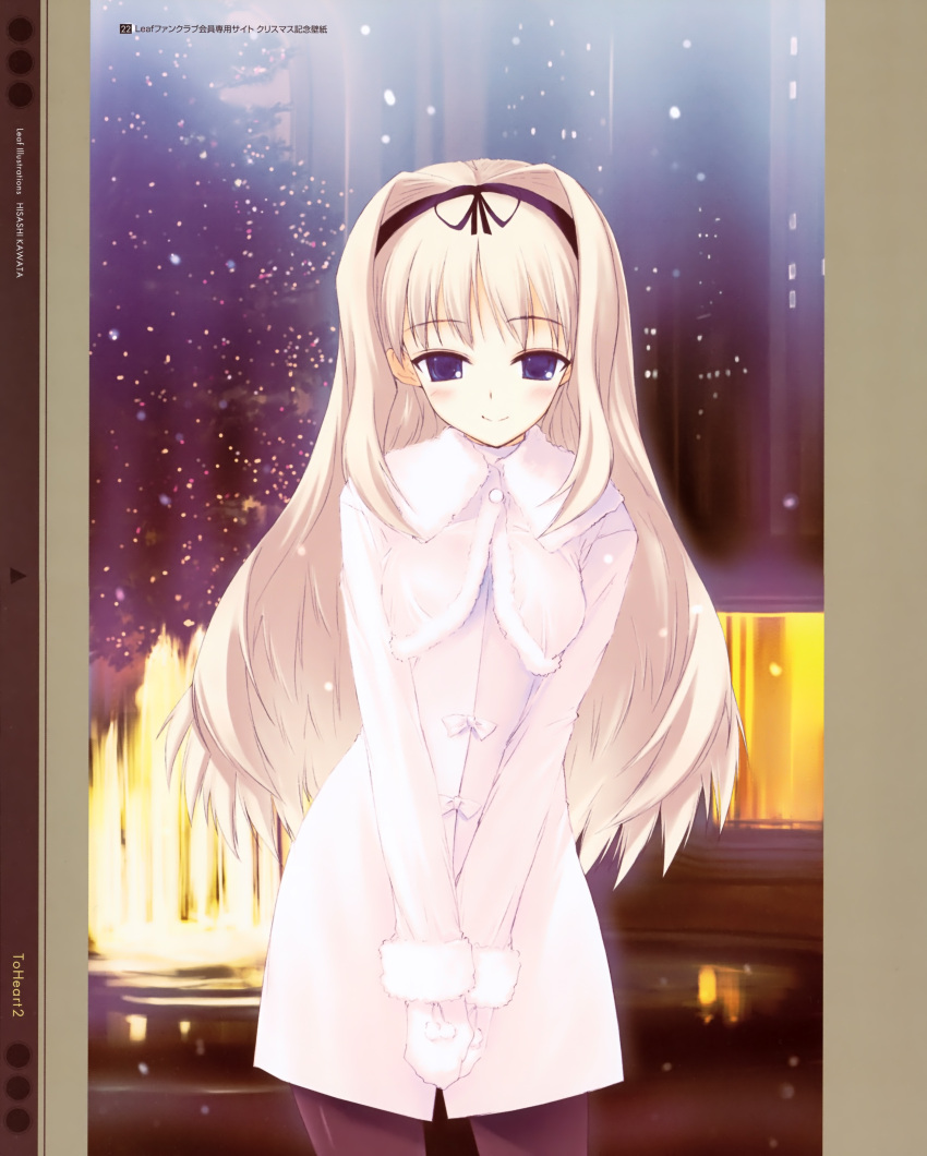 blonde_hair coat hairband highres kawata_hisashi kusugawa_sasara long_hair long_sleeves pantyhose smile solo to_heart_2