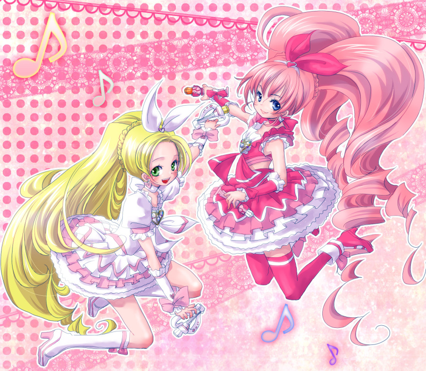 blonde_hair blue_eyes boots bow braid brooch choker cure_melody cure_rhythm curly_hair dress ele fantastic_belltier frills green_eyes hair_ribbon heart highres houjou_hibiki jewelry long_hair magical_girl minamino_kanade miracle_belltier multiple_girls musical_note open_mouth pink_background pink_hair pink_legwear polka_dot precure ribbon shoes smile suite_precure thigh-highs thighhighs twintails wand wrist_cuffs