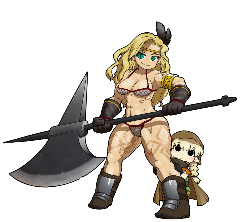 amazon_(dragon's_crown) amazon_(dragon's_crown) armlet armor axe bikini bikini_armor blonde_hair boots braid breasts chibi circlet cloak dragon's_crown dragon's_crown elf elf_(dragon's_crown) elf_(dragon's_crown) feathers gloves green_eyes highres hood large_breasts long_hair multiple_girls muscle muscular_female open_mouth pointy_ears size_difference smile swimsuit tattoo thick_thighs thighs twin_braids ume_(noraneko) weapon young