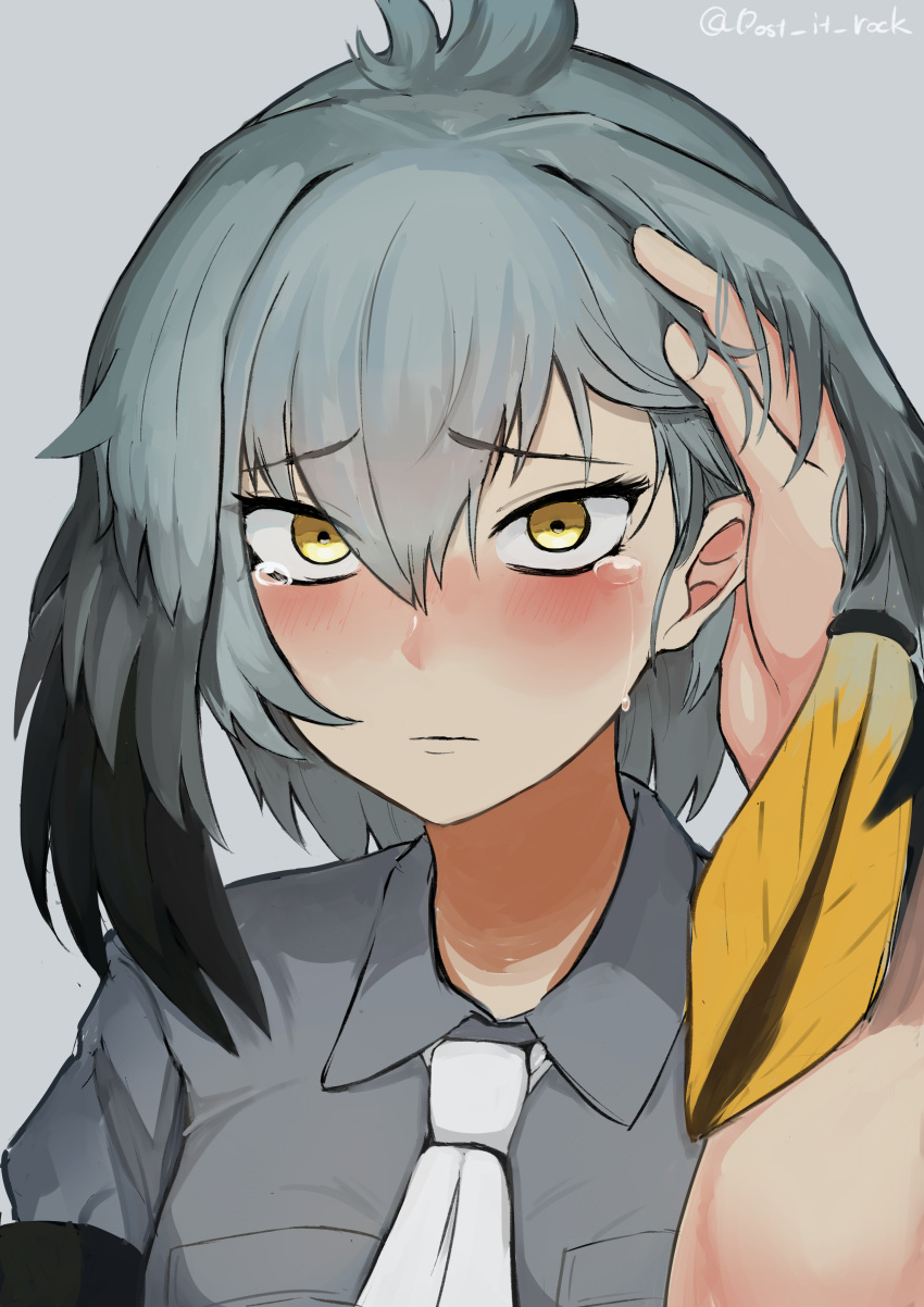 1girl absurdres bangs black_hair blush breast_pocket closed_mouth collared_shirt crying crying_with_eyes_open eyebrows_visible_through_hair furrowed_eyebrows grey_hair grey_shirt hair_between_eyes hand_in_another's_hair highres kemono_friends long_hair looking_at_viewer low_ponytail maton_(post_it_rock) multicolored_hair necktie nose_blush orange_hair out_of_frame pocket pov pov_hands shirt shoebill_(kemono_friends) side_ponytail solo_focus tears twitter_username upper_body white_neckwear wing_collar yellow_background