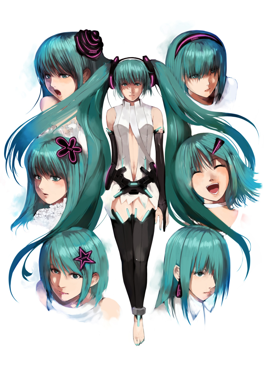 alternate_costume alternate_hairstyle barefoot face hair_down hair_over_one_eye hatsune_miku hatsune_miku_(append) highres lips long_hair multiple_persona nobusnow realistic short_hair vocaloid vocaloid_append