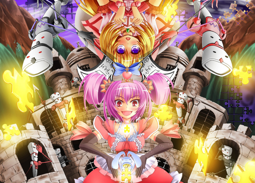 alice_(wonderland) animal_ears axe blonde_hair bow bracelet breasts bunny_ears castle choker cleavage corset crown elbow_gloves frills gloves glowing hair_bow hair_ornament heart jewelry lavender_hair open_mouth original puzzle puzzle_piece queen_of_hearts red_eyes twintails upside-down weapon white_rabbit yuzu_izumi