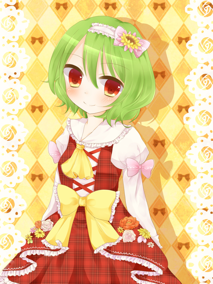 1girl adapted_costume ascot blush border bow checkered checkered_background daffodil daisy dress ena_(ena228) flower green_hair hair_bow hair_flower hair_ornament hairband highres juliet_sleeves kazami_yuuka layered_dress lolita_hairband long_sleeves looking_at_viewer plaid plaid_dress puffy_sleeves red_eyes rose short_hair smile solo sunflower touhou white_rose