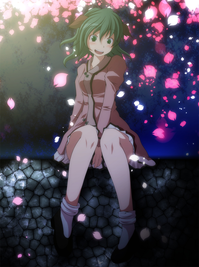 animal_ears between_legs blush cherry_blossoms green_eyes green_hair hand_between_legs highres kasodani_kyouko looking_at_viewer open_mouth petals s-syogo short_hair sitting smile solo touhou