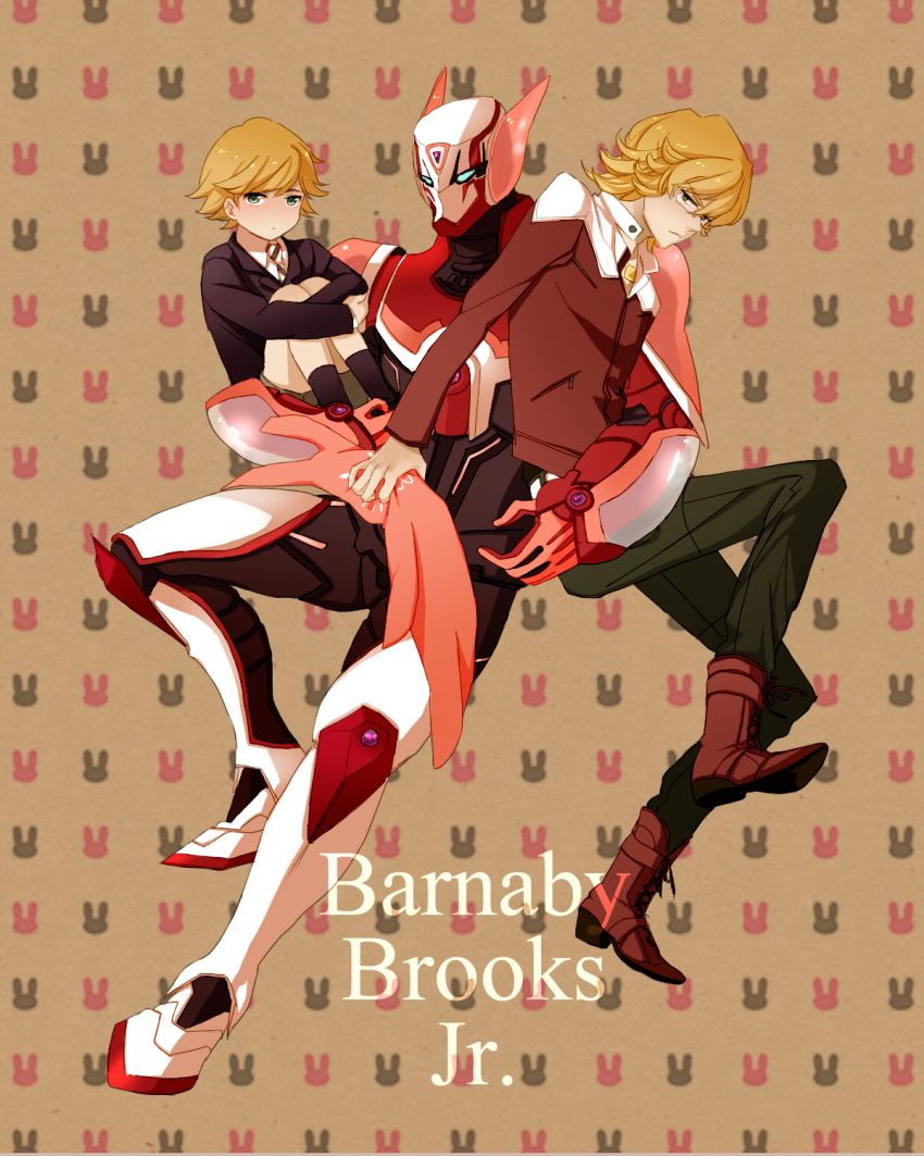 bad_id barnaby_brooks_jr blonde_hair boots child glasses green_eyes highres jacket jewelry kunpu male multiple_boys multiple_persona necklace necktie power_armor power_suit red_jacket shorts stuffed_animal stuffed_bunny stuffed_toy superhero tiger_&amp;_bunny young