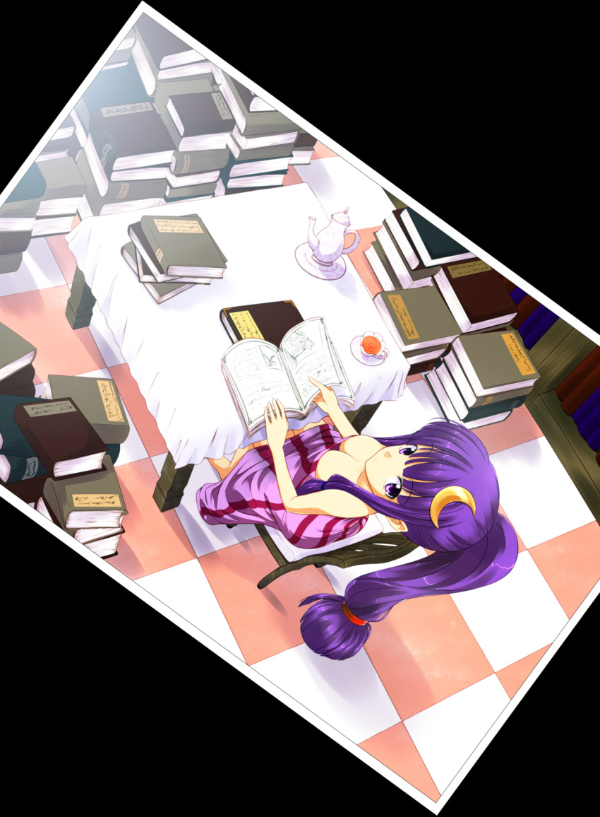 alternate_hairstyle book breasts chair checkered checkered_floor cleavage crescent cup down_blouse from_above hair_ornament highres hoshino_yami patchouli_knowledge photo_(object) ponytail purple_eyes purple_hair saucer solo table teacup teapot touhou violet_eyes