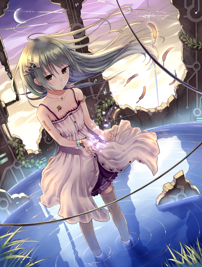 absurdres bracelet dress feathers feet_in_water green_eyes green_hair hair_ornament highres jewelry kazuharu_kina long_hair magic necklace original ripples science_fiction silver_hair skirt soaking_feet solo thigh-highs thighhighs wading water white_dress wind