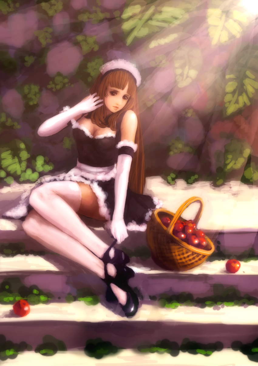 adjusting_shoe adjusting_shoes apple bangs bare_shoulders basket breasts brown_eyes brown_hair cleavage elbow_gloves faux_traditional_media food frills fruit gloves hand_in_hair high_heels highres leaf lips long_hair maid maid_headdress navjay original outdoors shoes sitting solo speed_painting stairs sunbeam sunlight thigh-highs thighhighs white_gloves white_legwear zettai_ryouiki