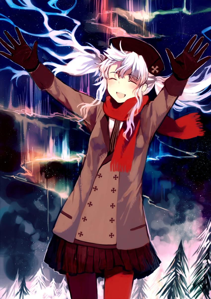 arm_up aurora blush closed_eyes coat eyes_closed gloves hat highres long_hair night night_sky open_mouth original pantyhose red_legwear scarf skirt sky smile solo tan_(tangent) tree twintails white_hair