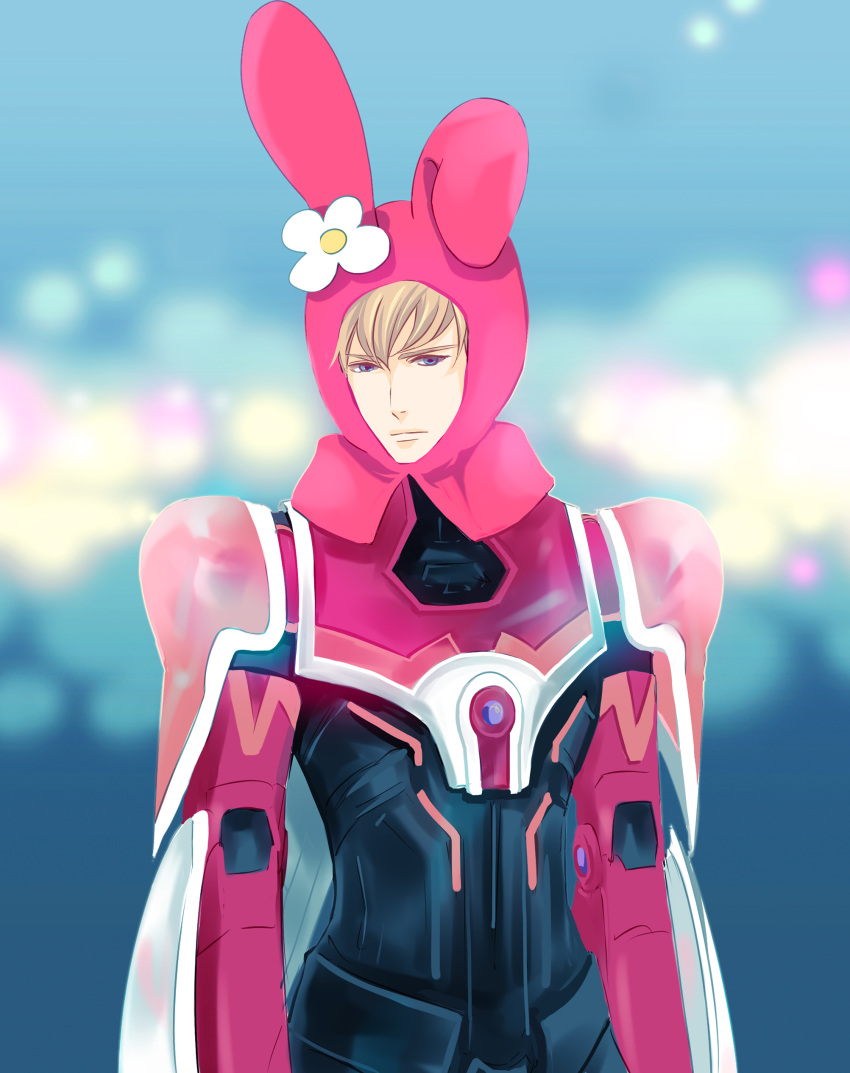 absurdres animal_ears barnaby_brooks_jr blonde_hair blue_eyes bunny_ears crossover highres male my_melody onegai_my_melody parody power_armor power_suit roomoor solo superhero tiger_&amp;_bunny