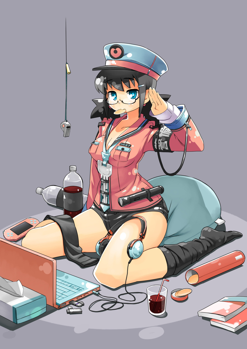 absurdres armband black_hair black_legwear blue_eyes breasts cleavage computer flashlight glasses grey_background hair_ornament hairclip hat headphones headphones_removed highres key laptop mouth_hold neet original peaked_cap pillow playstation_portable potato_chips psp salute seida short_shorts shorts single_thighhigh sitting solo thighhighs tissue_box wariza whistle