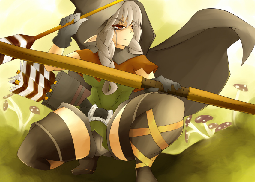 belt boots bow_(weapon) braid cloak dragon's_crown dragon's_crown elf elf_(dragon's_crown) elf_(dragon's_crown) gloves hood pointy_ears shorts solo squat squatting thick_thighs thigh-highs thigh_boots thighhighs thighs twin_braids vanillaware weapon