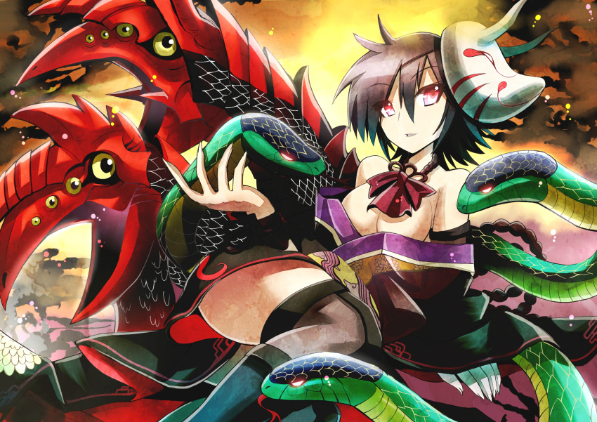 alternate_wings bare_legs bare_shoulders black_legwear blush breasts brown_hair cleavage clothes_down gibuchoko highres houjuu_nue japanese_clothes kimono kimono_down mask neck_ribbon off_shoulder oni_mask red_eyes ribbon short_hair snake solo thigh-highs thighhighs touhou wings zettai_ryouiki