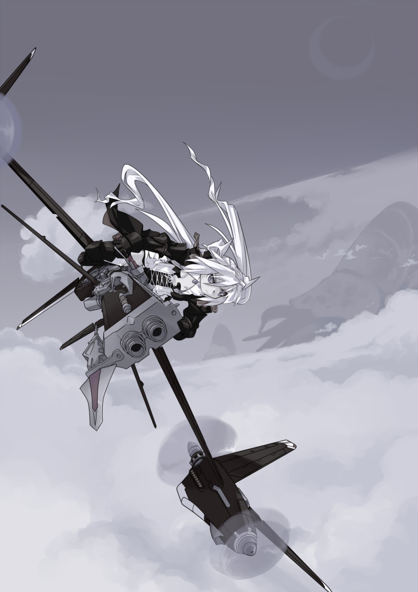 cloud clouds flying highres long_hair mof mof's_silver_haired_twintailed_girl mof's_silver_haired_twintailed_girl monochrome original sky solo twintails vehicle very_long_hair weapon