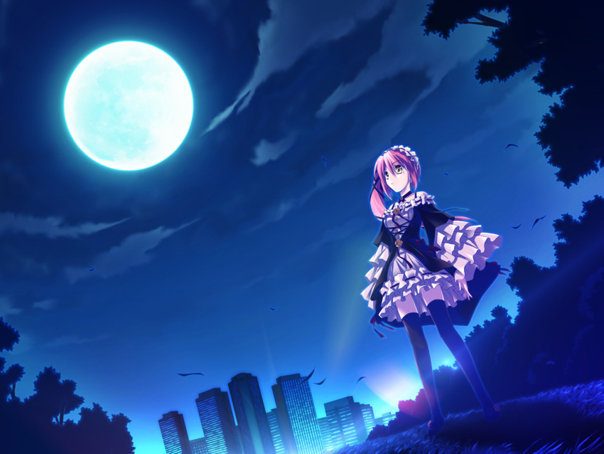 alice_(bloody_rondo) bloody_rondo game_cg lolita_fashion moon night pink_hair sakaki_maki sky