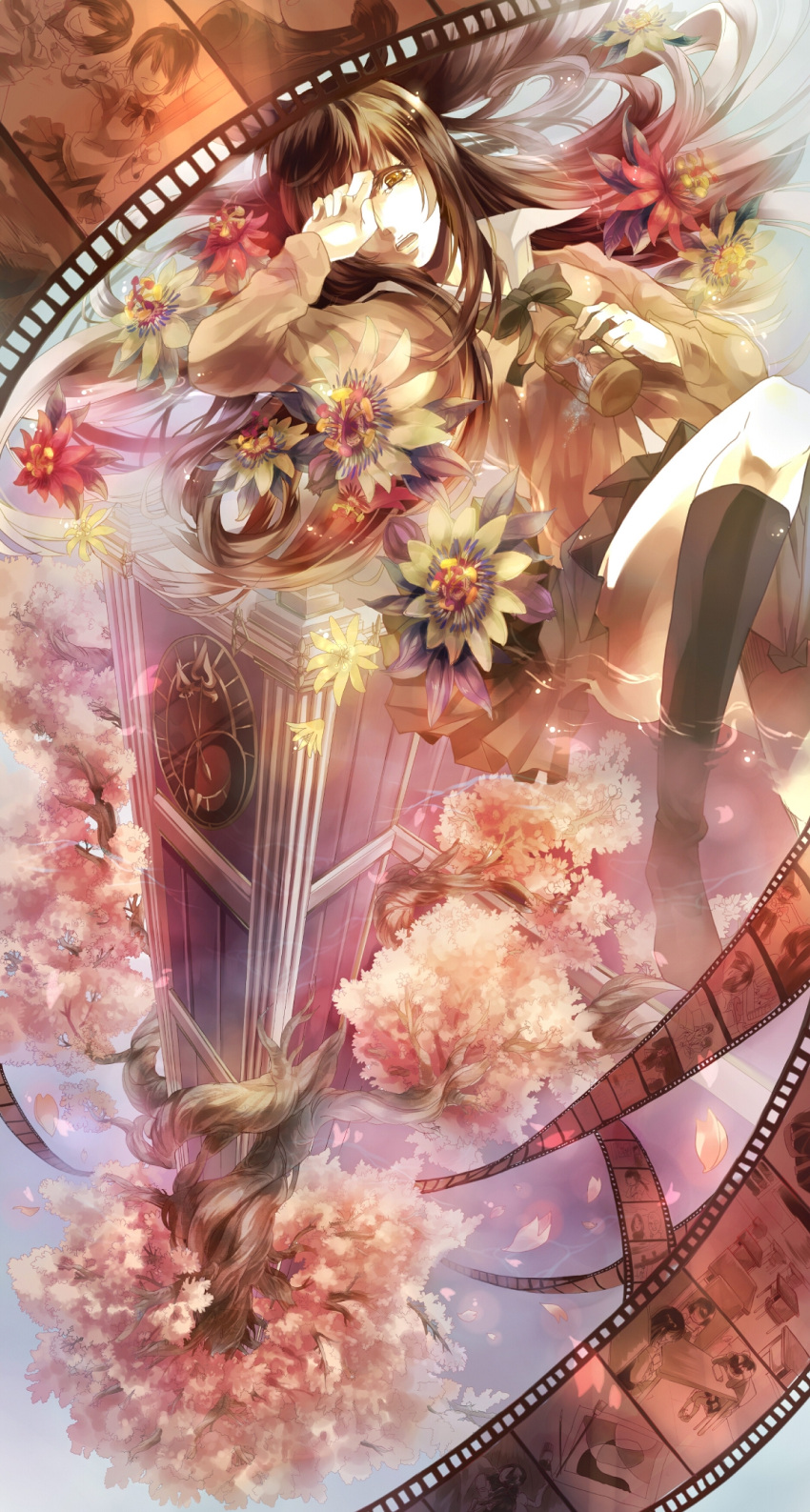 bow brown_eyes brown_hair chair cherry_blossoms clock clock_tower desk film_strip flower hainegom highres hourglass janis_(hainegom) long_hair multiple_girls nintendo_ds open_mouth original school_uniform skirt table tears thighhighs tower tree v very_long_hair water yellow_eyes zettai_ryouiki