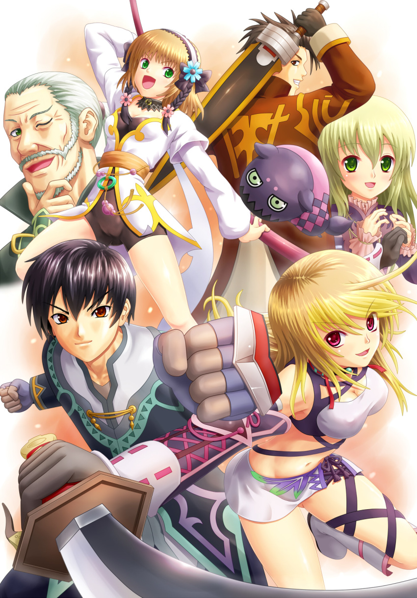 3girls :d ahoge alvin_(tales_of_xillia) beard bike_shorts black_gloves black_hair blonde_hair bow braid brown_eyes brown_hair clenched_hands coat creature elise_lutas elise_lutus facial_hair fist flower frills gloves green_eyes grey_hair grin hairband hand_on_chin hand_to_chin highres jude_mathis leia_roland leid_roland long_hair midriff milla_maxwell multiple_boys multiple_girls mustache navel open_mouth red_eyes ribbon rowen_j._ilbert short_hair skirt smile sword tales_of_(series) tales_of_xillia tipo_(xillia) tippo wand weapon wink yamakamu