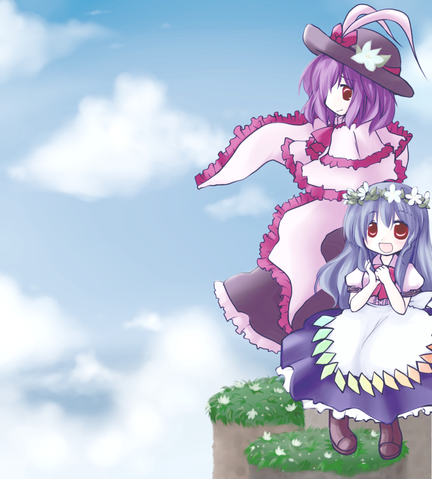 2girls blue_hair boots bow bowtie cloud clouds dress flower frills futami_yayoi hat head_wreath highres hinanawi_tenshi lavender_hair long_hair multiple_girls nagae_iku no_hat open_mouth ribbon scarf shawl short_hair sky smile touhou young