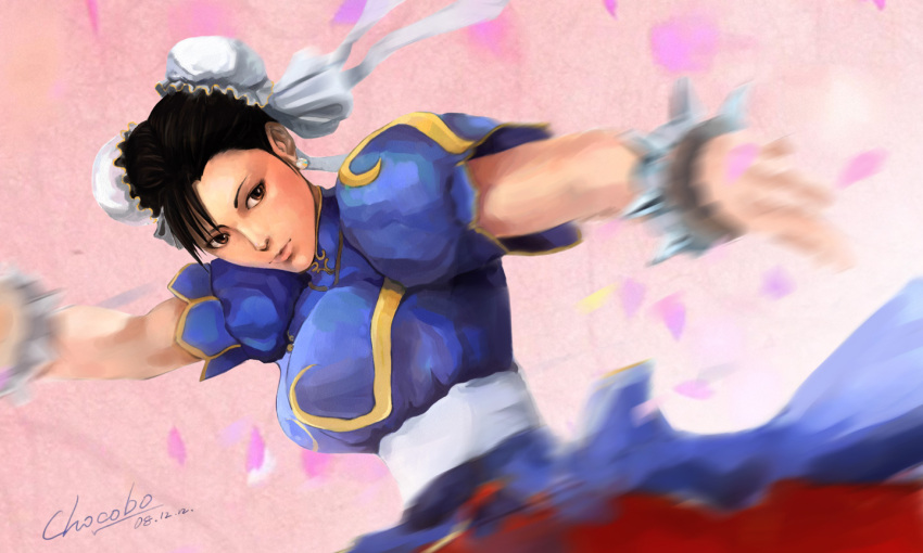 1girl brown_eyes brown_hair bun_cover capcom china_dress chinese_clothes chocobo chocobo_(artist) chun-li double_bun jewelry motion_blur pantyhose solo spiked_bracelet spikes street_fighter
