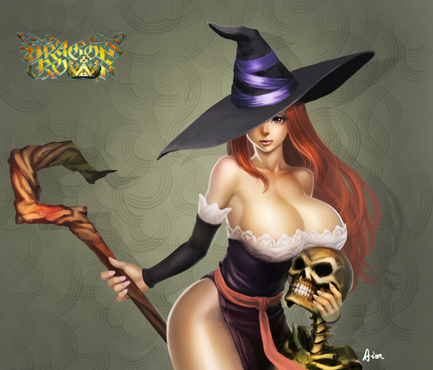 aion aion_(artist) aoin_(warpfield) bare_shoulders bones breasts cleavage detached_sleeves dragon's_crown dress hat hat_over_one_eye highres huge_breasts large_breasts lipstick long_hair monster red_eyes red_hair redhead side_slit skeleton solo sorceress_(dragon's_crown) staff strapless_dress vanillaware weapon witch_hat