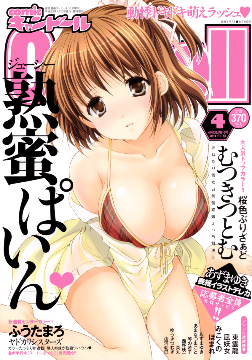 barefoot bikini_top breasts cleavage copyright_request cover dress_shirt front-tie_top highres large_breasts magazine_cover open_clothes open_shirt plaid ponytail shirt sitting solo wariza