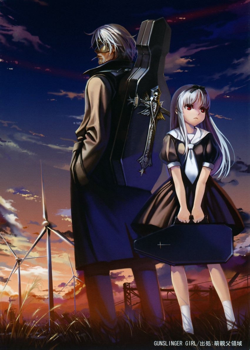 abyss alphonse_(white_datura) beard black_dress cigarette cloud clouds dress el elysion evening facial_hair footwear grass hair_ribbon height_difference highres instrument_case long_hair mask puffy_sleeves red_eyes ribbon sailor_dress scan size_difference sky socks sound_horizon sunset trench_coat violin_case white_hair white_legwear wind_turbine windmill