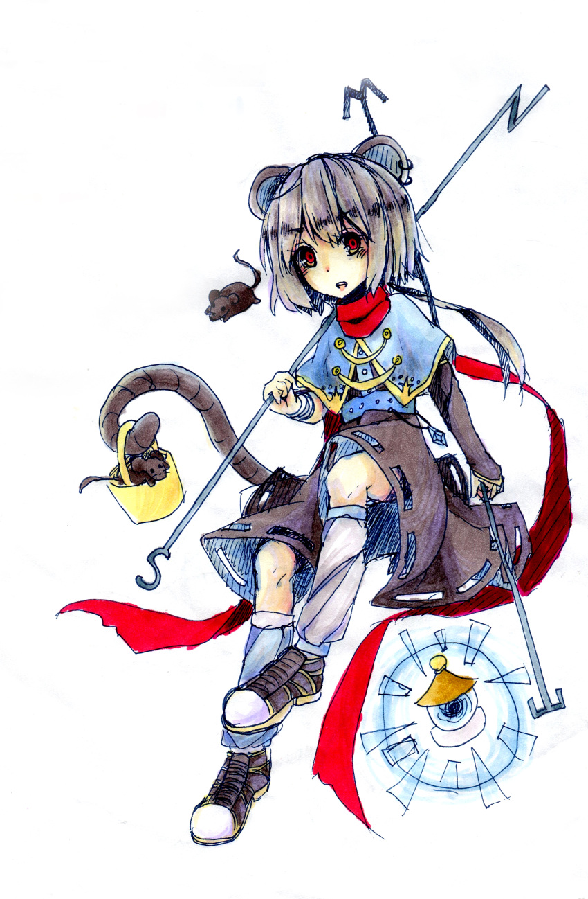 1girl absurdres animal_ears asawa_ei basket capelet dowsing_rod grey_hair highres jeweled_pagoda jewelry mice mouse mouse_ears mouse_tail nazrin pendant red_eyes scarf short_hair solo tagme tail touhou traditional_media white_background