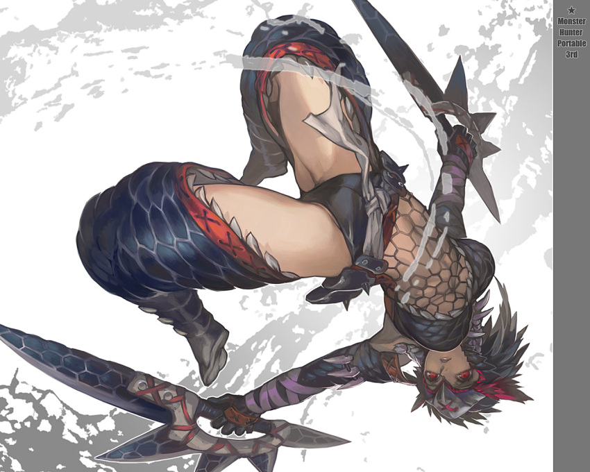 arched_back armor backflip bandage bandages blue_hair boots breasts capcom dual_wielding fishnets gloves headband monster_hunter monster_hunter_portable_3rd nargacuga_(armor) naruga_(armor) red_eyes somersault sword under_boob underboob upside-down wallpaper weapon