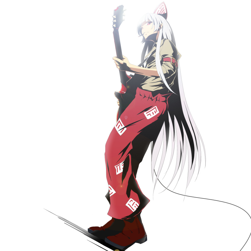 bow cigarette electric_guitar fujiwara_no_mokou guitar hair_bow highres instrument long_hair mokkei pants red_eyes silver_hair sleeves_rolled_up solo touhou very_long_hair