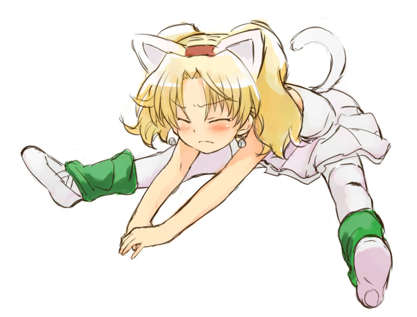 blonde_hair blush cat_ears cat_tail closed_eyes eyes_closed flexible frown highres jewelpet_(series) jewelpet_tinkle leg_warmers miria_marigold_mackenzie nyama pantyhose shoes sketch solo stretch tail twintails