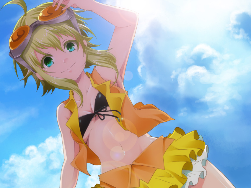 ahoge armpits bandeau bikini_top breasts cleavage cloud frilled_skirt front-tie_top goggles goggles_on_head green_eyes green_hair gumi highres lens_flare midriff navel short_hair skirt sky smile solo vocaloid yucco_kxoxc