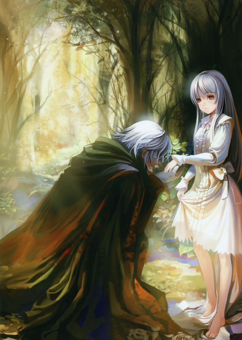 abyss albino alphonse_(white_datura) barefoot beard bow cape dress el elysion facial_hair forest gloves hand_kiss highres kiss kneeling long_hair mask nature puffy_sleeves red_eyes scan sound_horizon white_dress white_hair