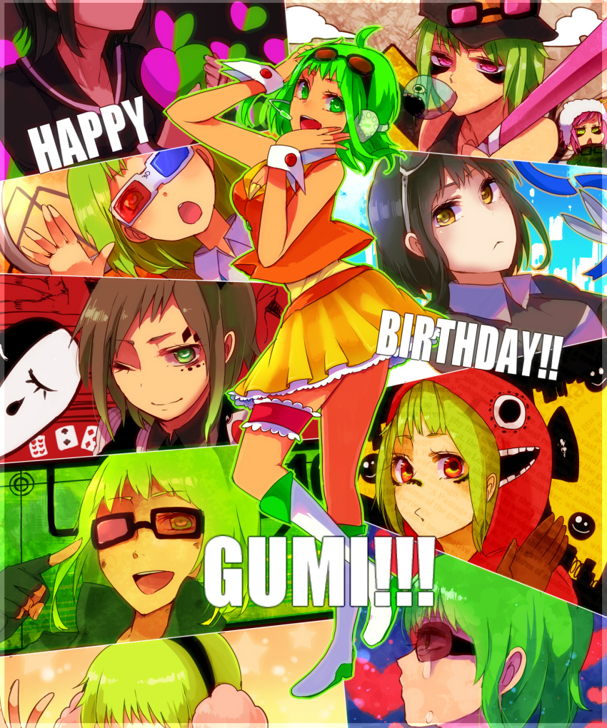 :o alternate_color alternate_hair_color baseball_bat baseball_cap black_hair bokura_no_16bit_warz_(vocaloid) boots brown_hair bubblegum card cards earmuffs facial_mark fingerless_gloves glasses gloves goggles goggles_on_head googles green_eyes green_hair gumi happy_birthday happy_synthesizer_(vocaloid) hat headphones headset highres hoodie leg_garter lgw7 mask matryoshka_(vocaloid) mosaic_roll_(vocaloid) multicolored_eyes multiple_persona open_mouth panda_hero_(vocaloid) pink_eyes pointing poker_face_(vocaloid) short_hair skirt smile songover tantei_mushi_glasses_(vocaloid) tears vocaloid wink wrist_cuffs yellow_eyes