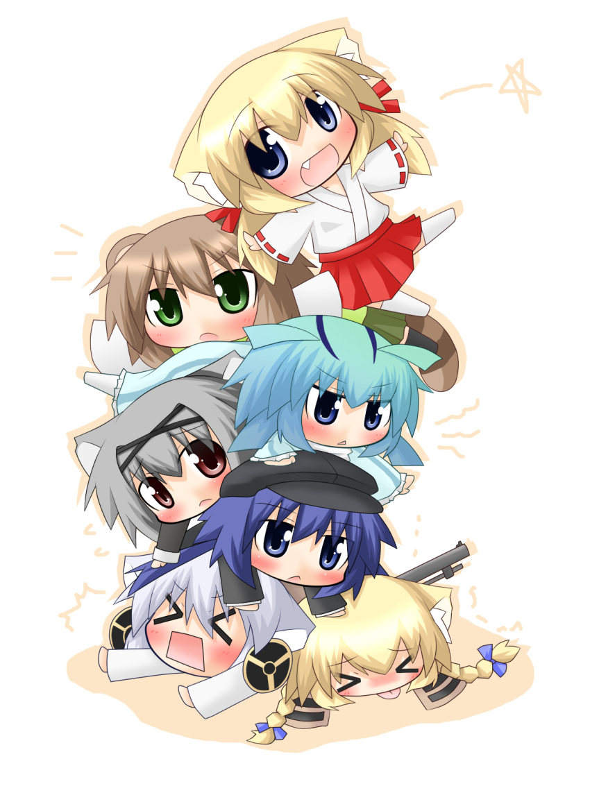 &gt;_&lt; :d animal_ears blonde_hair blue_eyes blue_hair blush braid brown_eyes brown_hair cat_ears chibi fang green_eyes grey_hair gun hair_ribbon hairband hat highres japanese_clothes koyomi_(shinshia) miko multiple_girls open_mouth original outstretched_arms raccoon_ears raccoon_tail ribbon rifle shinshia shirt silver_hair skirt smile tail tongue tongue_out tower twin_braids twintails weapon