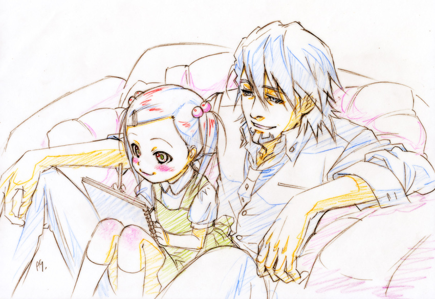 1girl age_difference child colored_pencil_(medium) drawing father_and_daughter hair_bobbles hair_ornament kaburagi_kaede kaburagi_t_kotetsu long_hair nishida_asako notebook pencil short_hair sitting sitting_on_lap sitting_on_person sketch tiger_&amp;_bunny traditional_media twintails young