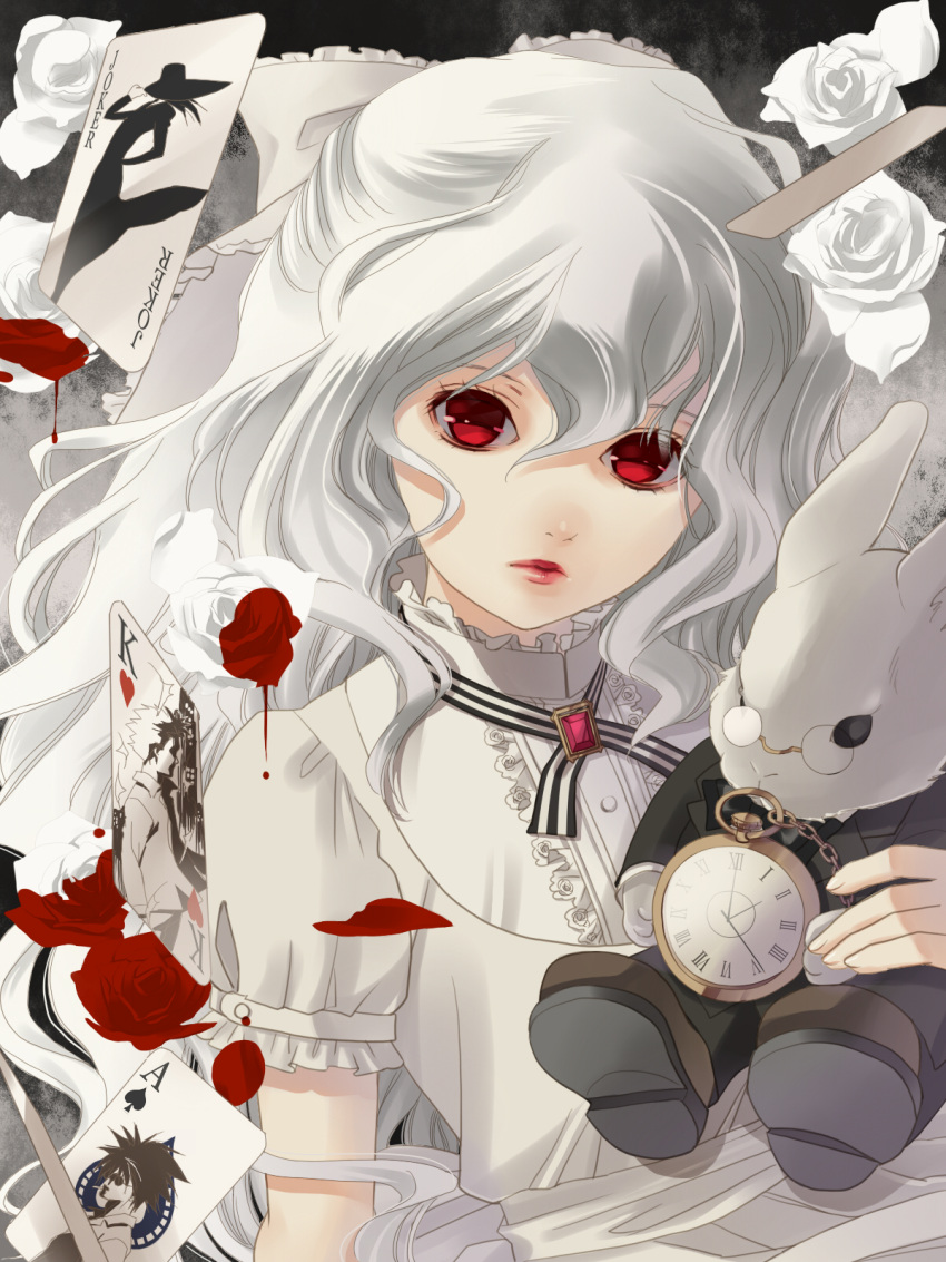 ace alice alice_(wonderland) alice_in_wonderland card cards character_request falling_card getbackers highres joker midou_ban papillon10 playing_card pocket_watch red_eyes watch white_hair
