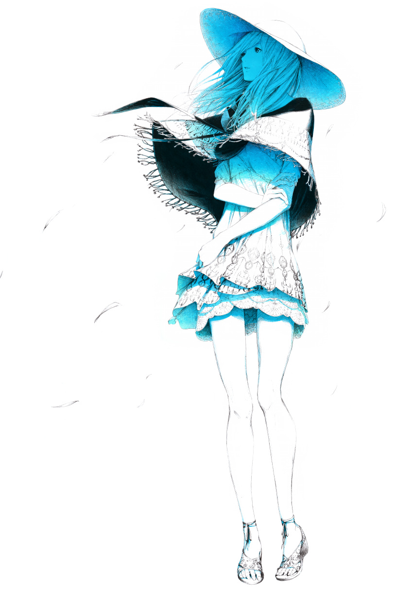 dress hat high_heels highres long_hair monochrome open_shoes open_toe_shoes original poncho sandals sawasawa shoes simple_background solo spot_color standing