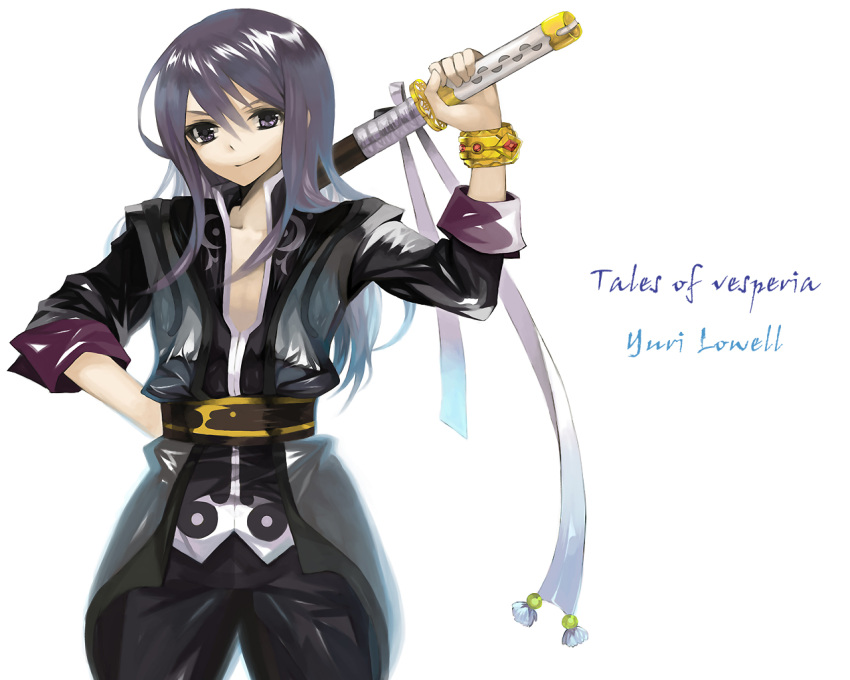 bad_id belt black_eyes black_hair bracelet character_name chisa_(misaaa) coat hand_on_hip hips jewelry long_hair male over_shoulder pants smile solo sword tales_of_(series) tales_of_vesperia title_drop weapon weapon_over_shoulder white_background yuri_lowell