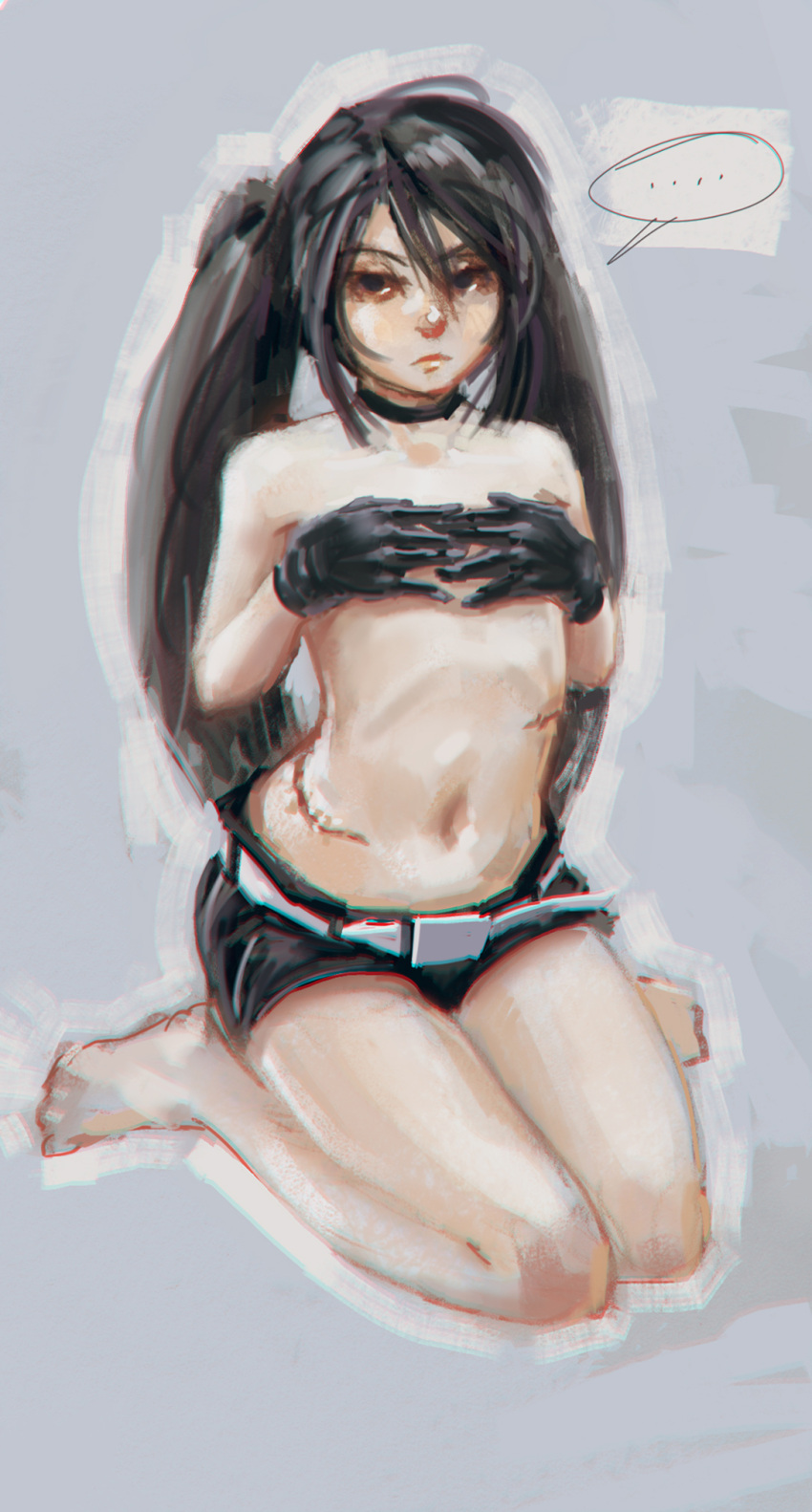 ... barefoot black_eyes black_hair black_rock_shooter black_rock_shooter_(character) covering covering_breasts doyora face gloves hands highres long_hair scar shorts sitting solo topless twintails